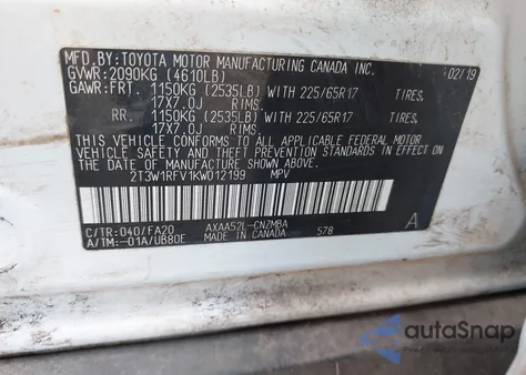 2019 Toyota Rav4 Xle from USA, damaged, VIN 2T3W1RFV1KW012199
